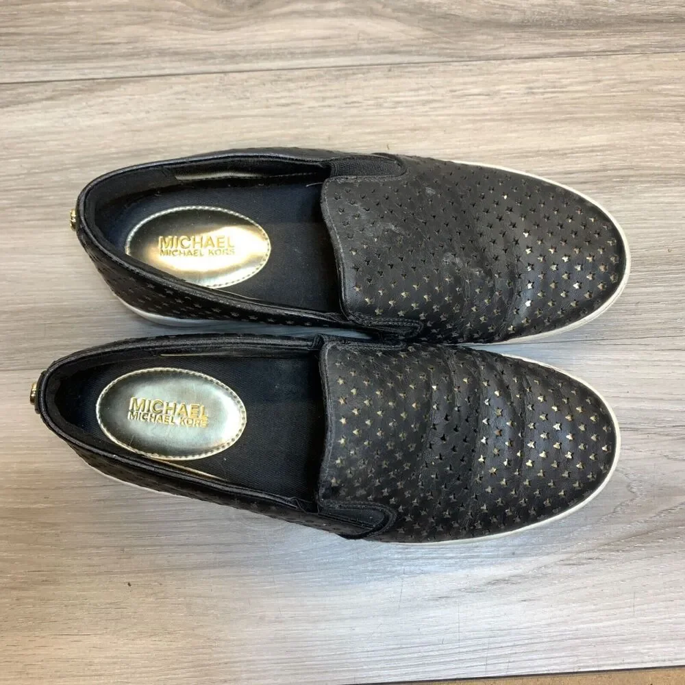 Michael Kors Womens Slip‎ On Shoes Black Leather Perforated Round Toe 5.5 M